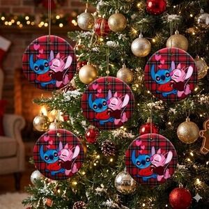 Lot of 5 Disney Stitch Angel Christmas Ornament Ceramic Red Plaid Holiday New